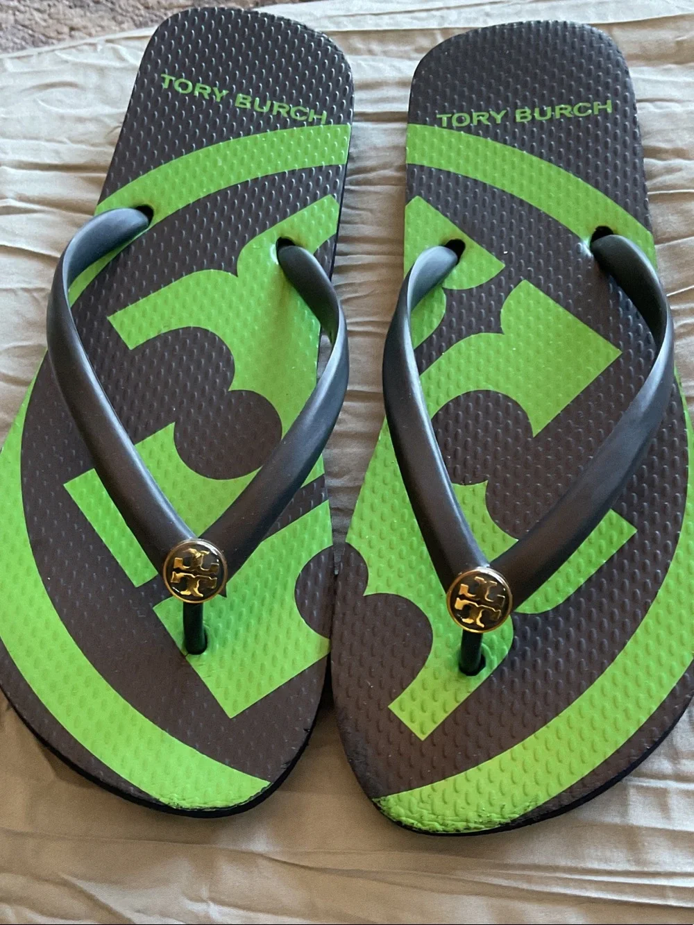 Tory Burch Navy Flip Flops with Lime Green Logo Accent